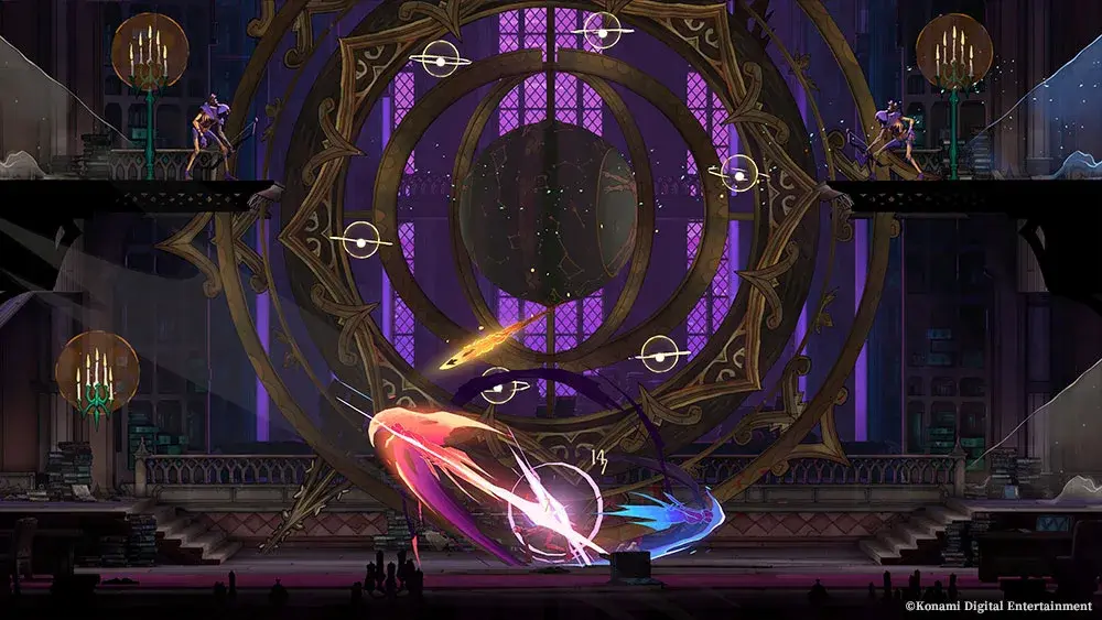 Rose performs a sweeping weapon attack in an ornate circular chamber.