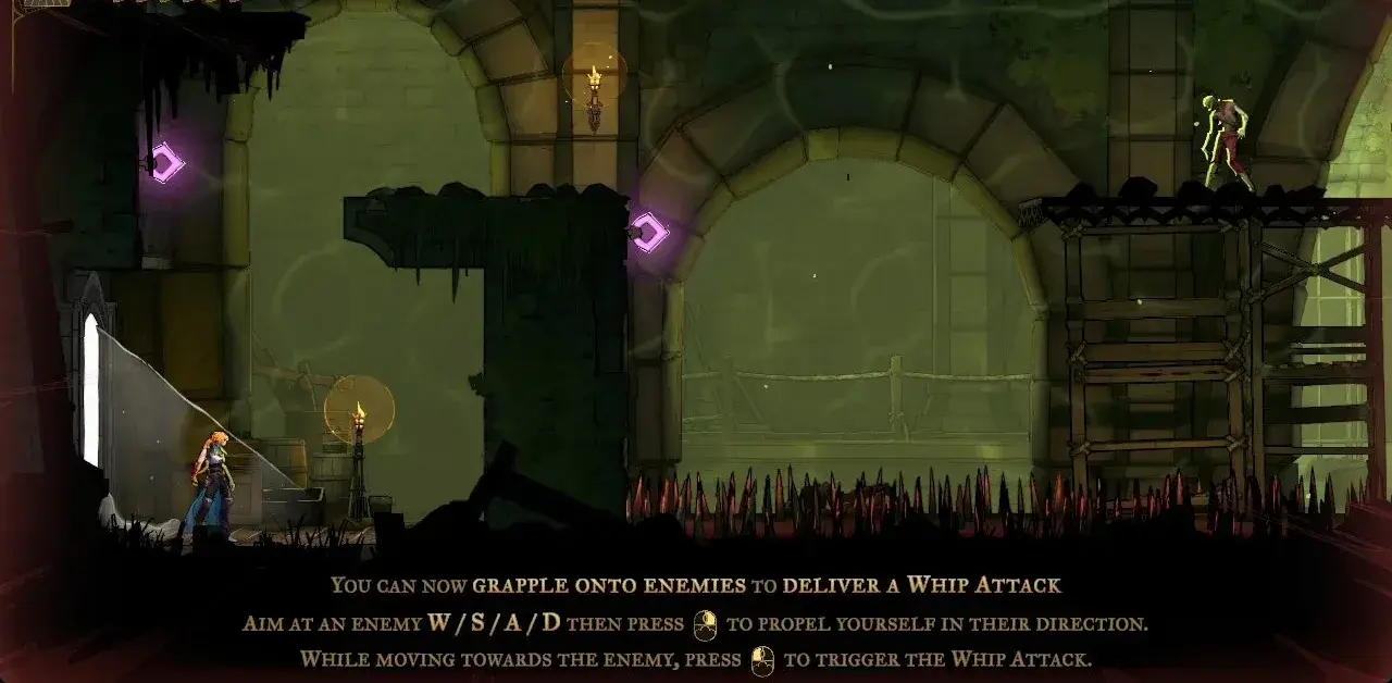 Rose aiming the Arcane Whip toward an enemy above a hazard.