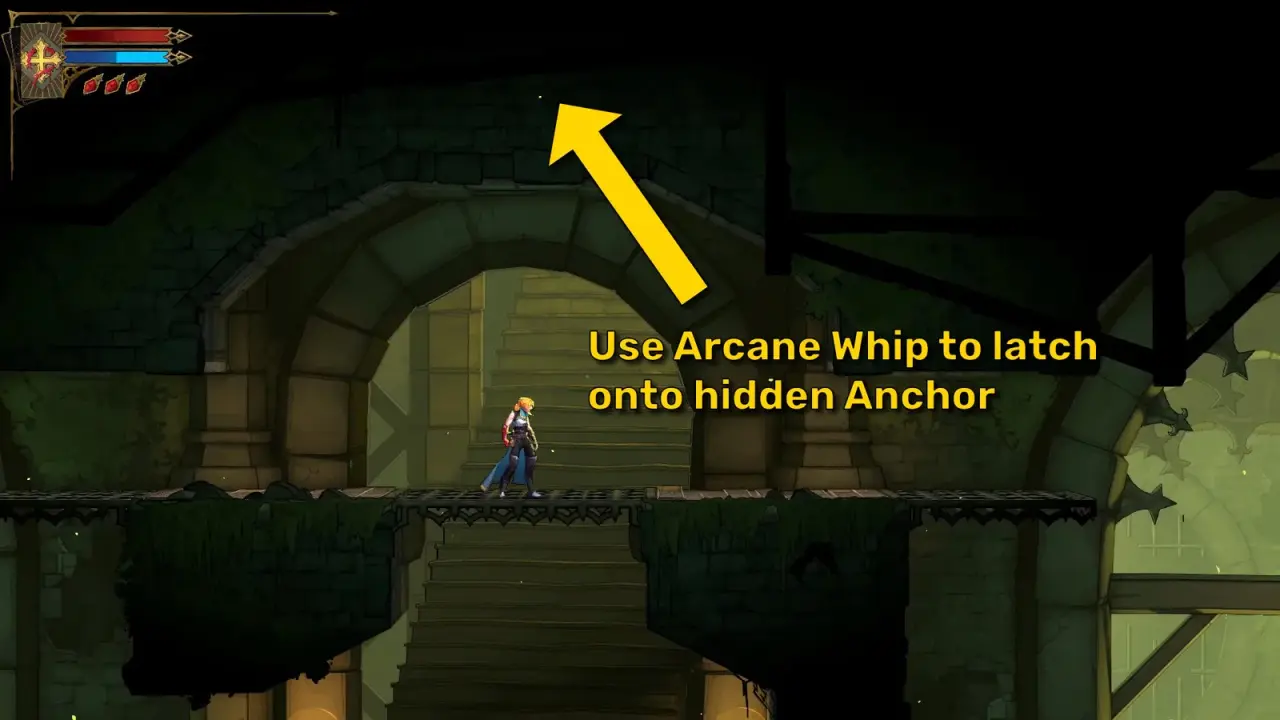 An arrow marks the concealed grapple point above Rose in the sewers