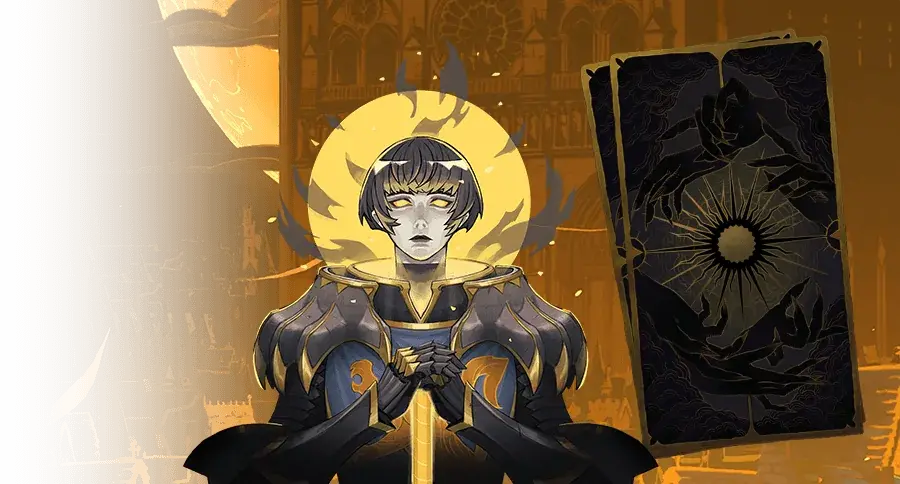 Joan of Arc in armor beside an Arcana card