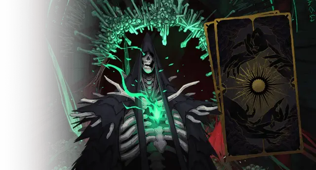 Death with a green-lit scythe and an Arcana card