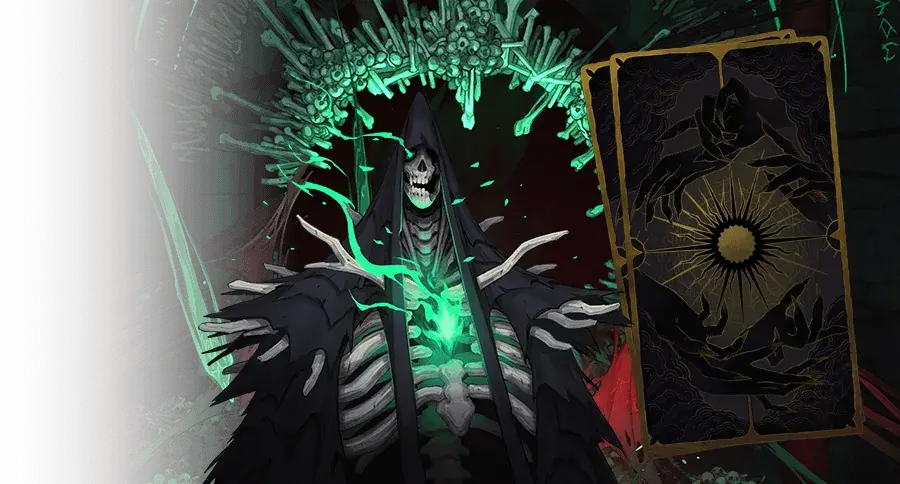 Death with a green-lit scythe and an Arcana card