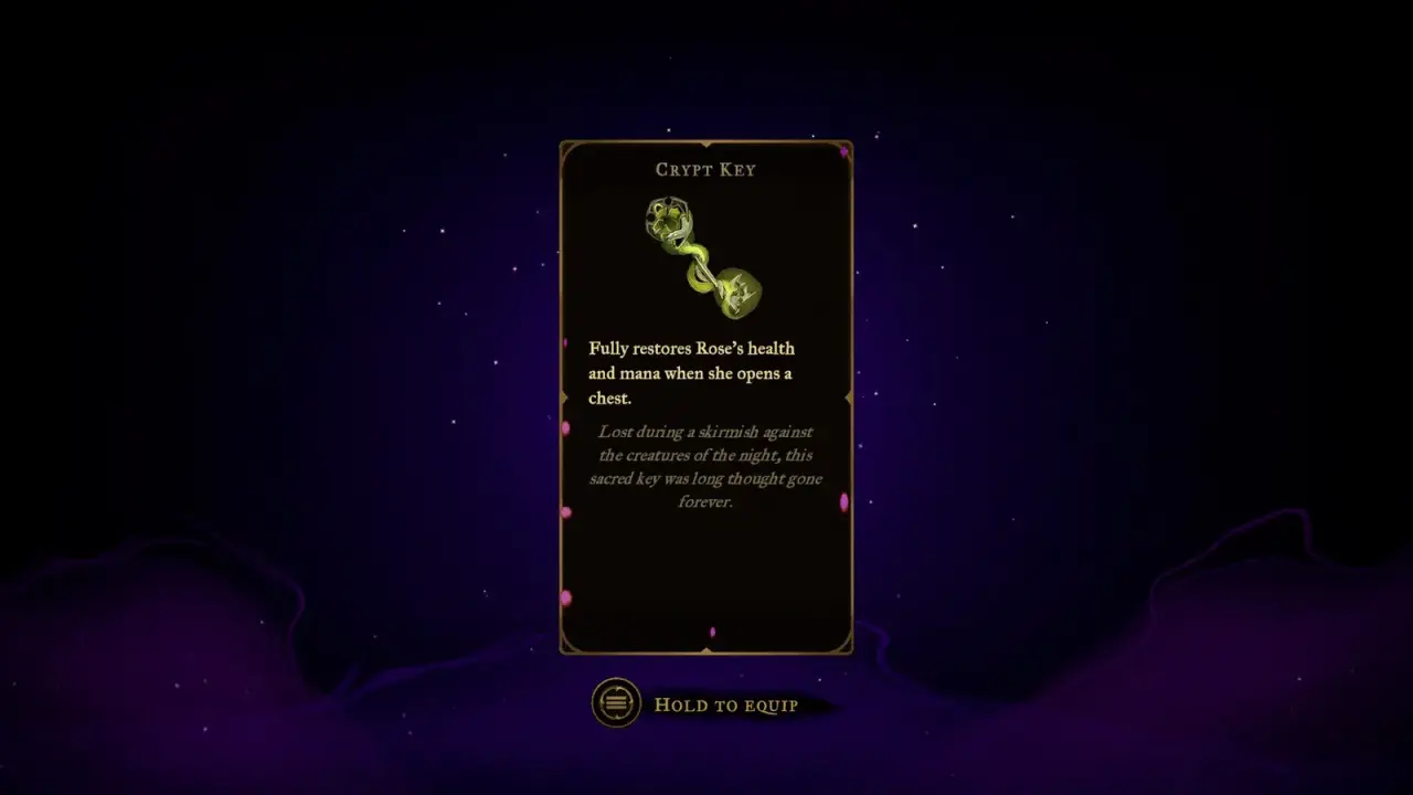 Crypt Key relic description and chest-triggered recovery effect