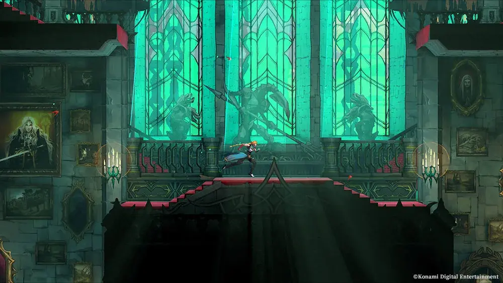 Rose explores a hall with stained-glass windows and branching platforms.