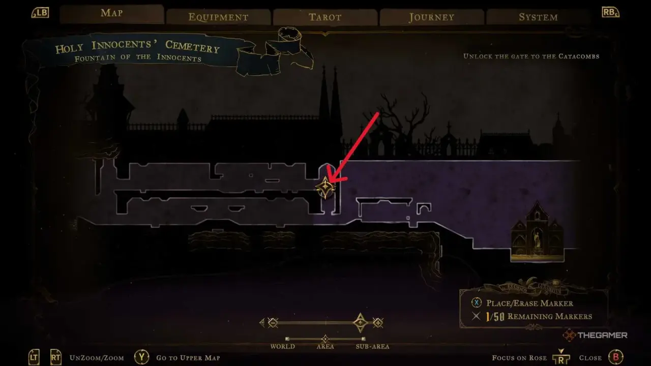 Map highlighting the spirit northwest of the Fountain of the Lost.