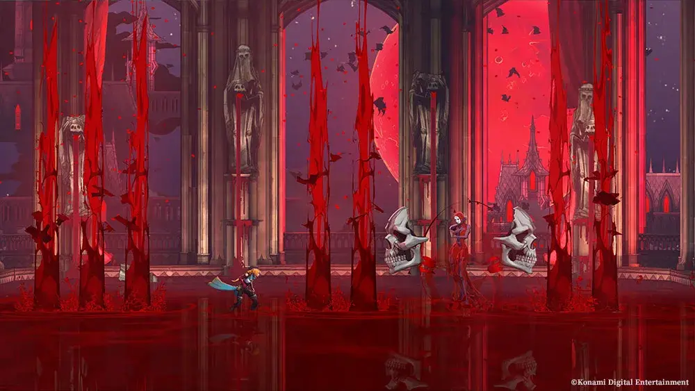 Rose confronts a boss in a crimson chamber.