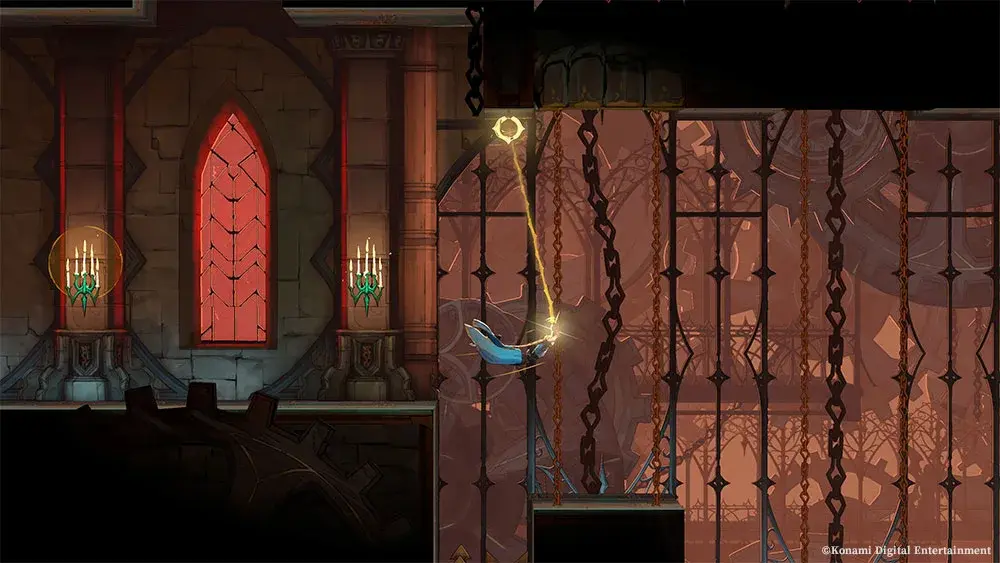 Rose swings from a luminous anchor over a deep gap.