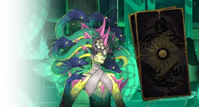 Medusa with serpent hair beside an Arcana card