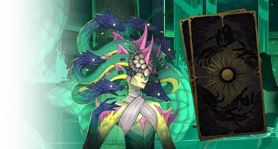 Medusa with serpent hair beside an Arcana card