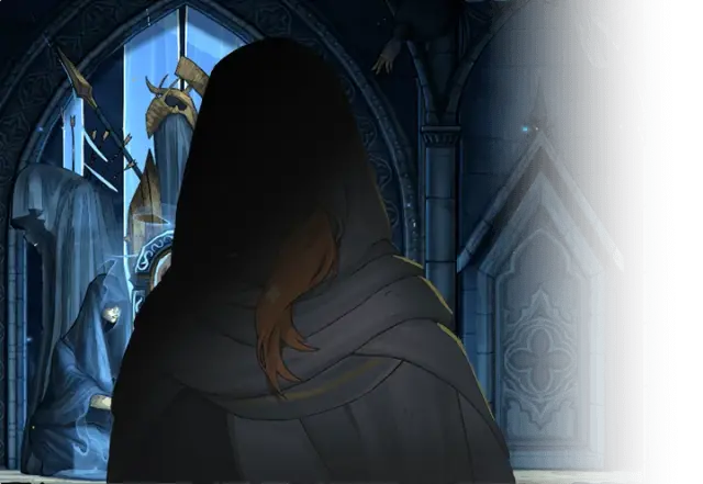 Hooded silhouette of Sypha Belnades in official character artwork