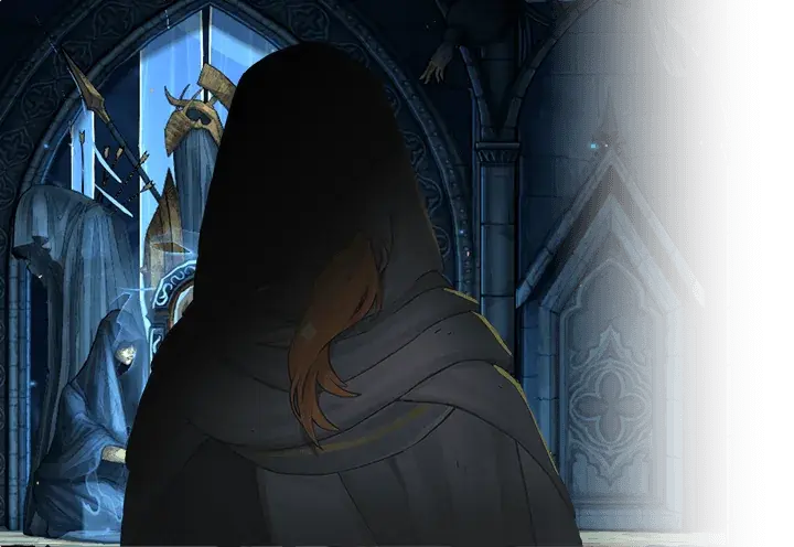 Hooded silhouette of Sypha Belnades in official character artwork