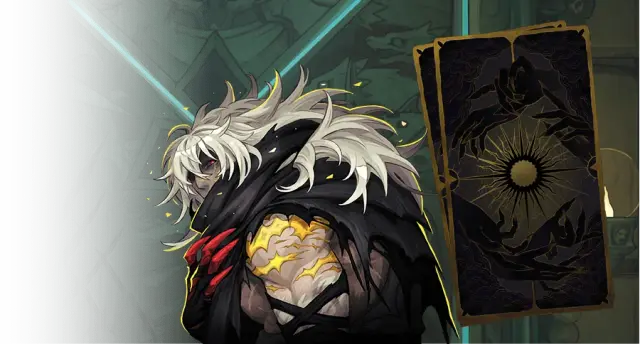 The Fallen beside an Arcana card in official character artwork