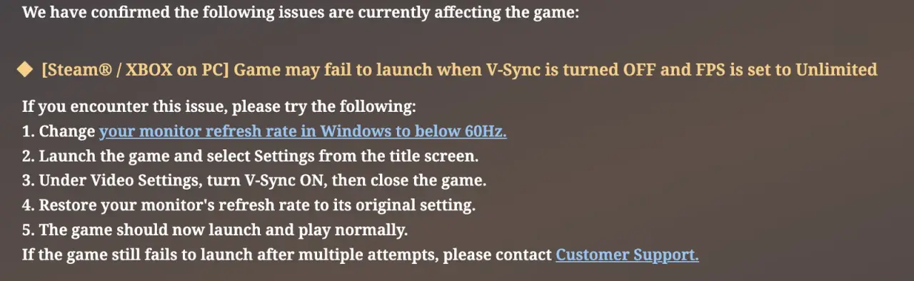 Official known-issues notice with the below-60Hz and V-Sync launch workaround
