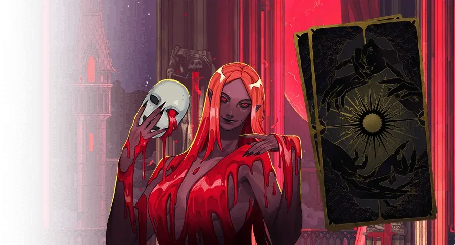 Carmilla holding a skull mask beside an Arcana card