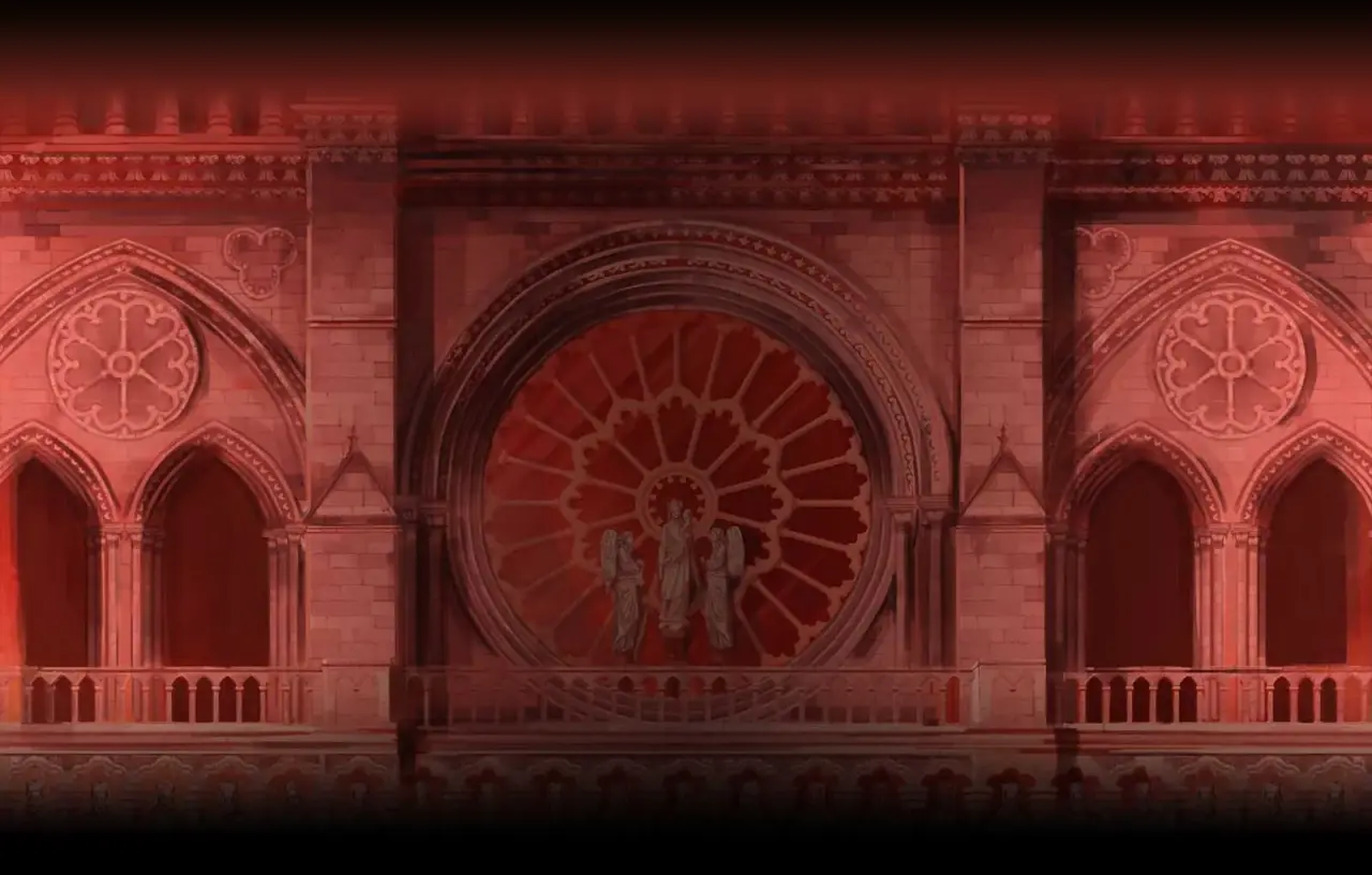 Gothic cathedral facade and rose window in a red-lit Paris illustration